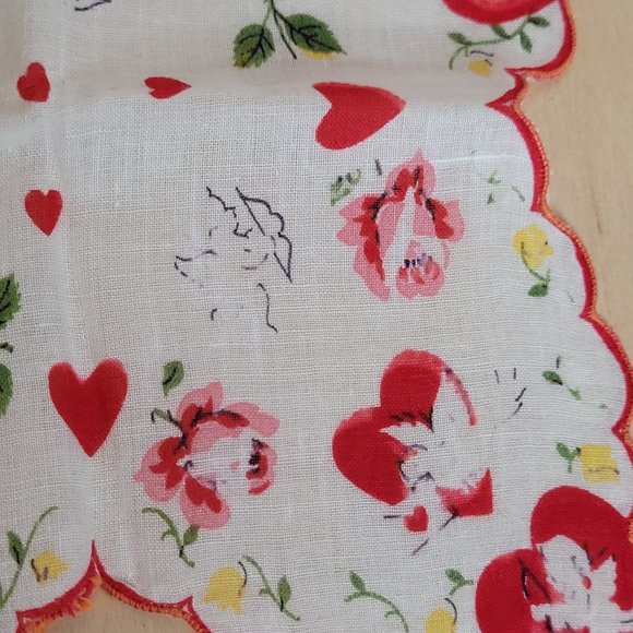 Vintage Handkerchief Lot of 3 Holiday Christmas Valentines Day Poinsettia Hearts - Picture 8 of 10